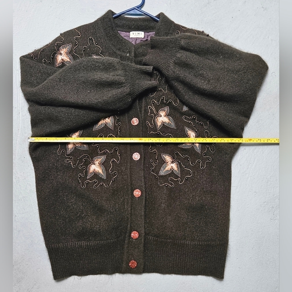 Vintage VIMI 100% Angora Wool Embroidered Dark Chocolate Sz L Lined Cardigan - Picture 14 of 15